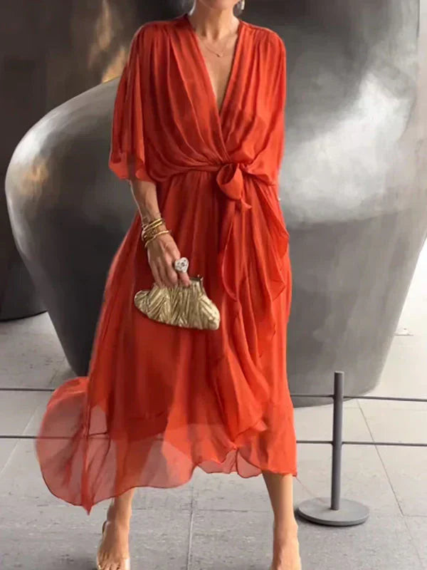 Gretchen - Tie Waist V-Neck Dress